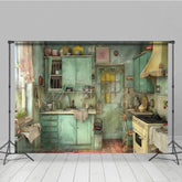 Aperturee - Aperturee Painted Rural Green Retro Kitchen Photo Backdrop